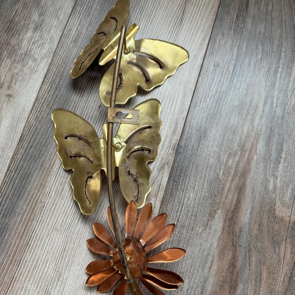 Vintage Brass Butterfly Wall Art‎ Set of 2 Copper Flowers 1970s